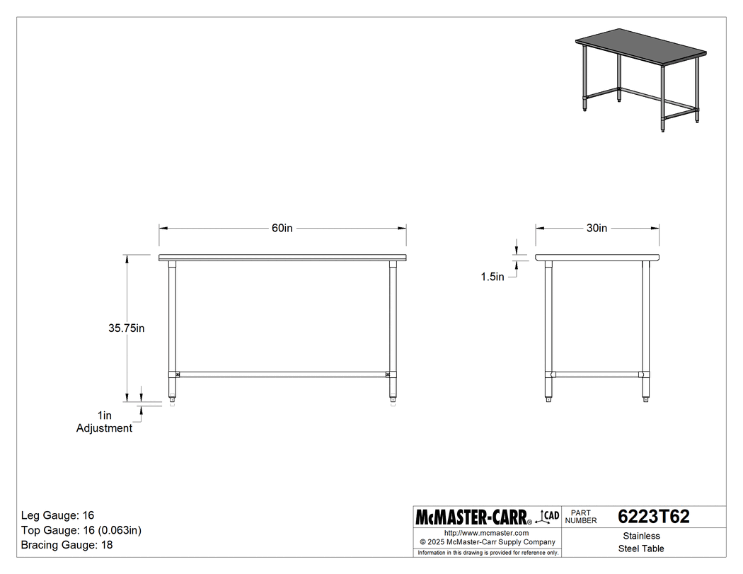 Technical Drawing of Stainless Steel Table, Stationary, 36" Height, 60" Width x 30" Depth .
